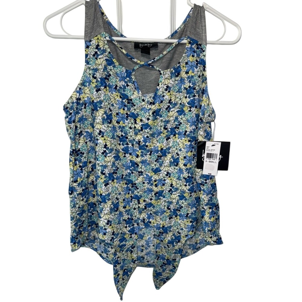 By & By Floral Tie Front Tank Top‎ Blue Yellow Lattice Neck XS